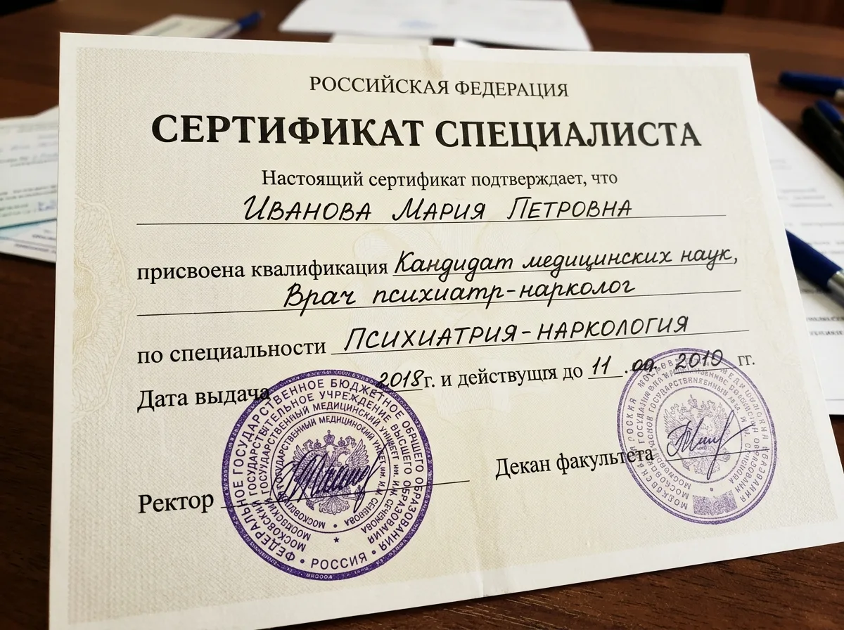 Сертификат психиатра-нарколога, официальный бланк с подписями и печатями медицинского учебного заведения России