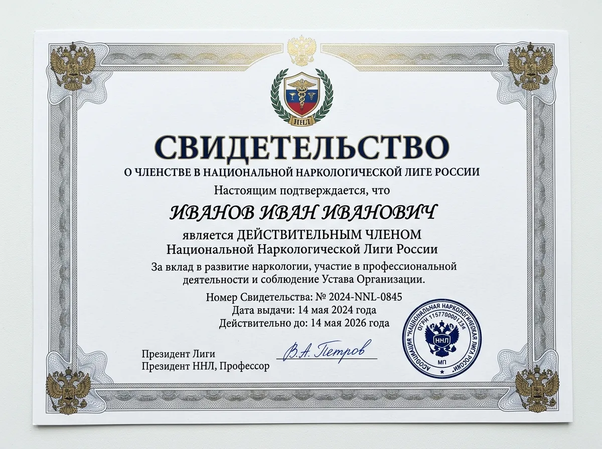 Свидетельство о членстве в Национальной наркологической лиге России, официальный документ на белом фоне с печатью организации