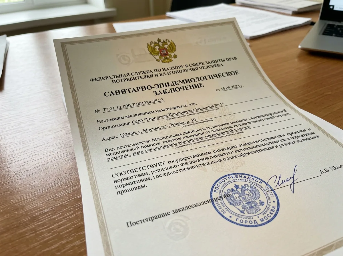Санитарно-эпидемиологическое заключение Роспотребнадзора для медицинского учреждения, официальный бланк с гербом и печатями